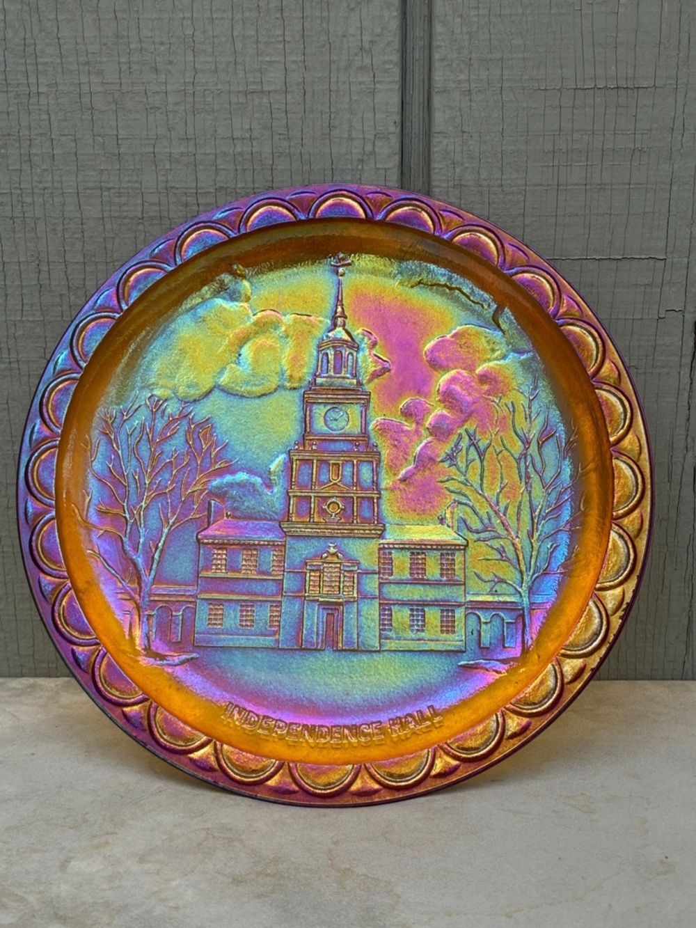 Carnival Glass Commemorative Liberty Hall Plate Vintage Iridescent Marigold 8” W
